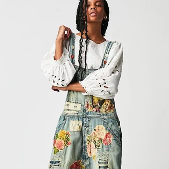 Magnolia Pearl/Free People Floral Appliqué Denim Overalls - Vintage - OS - NWT - Picture 2 of 16